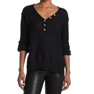 Stitchdrop Women's Slub V-Neck Roll‎ Tab Sleeve Button Henley in Black Small $72